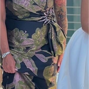 Black Midi Dress with Pink and Green Floral Embroidery